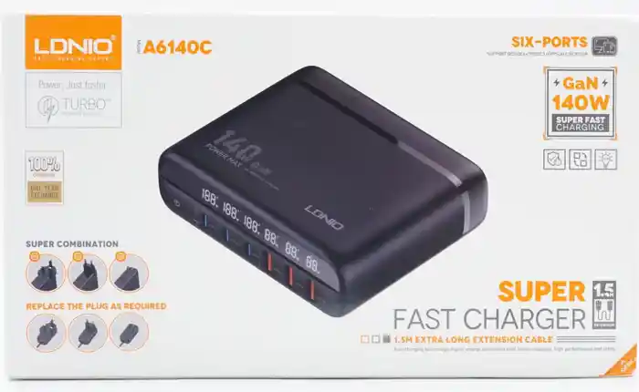 LDNIO A6140C 140W Super Fast Charging 6 USB Ports LED Display GaN Desktop Charger Adapter -1.5M